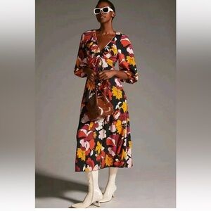 Anthropologie Black and Orange Plunge Neck Sundress with Bishop Sleeves